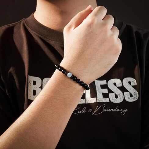 سوار من الحجر الطبيعي من Seyaa مع خرز العقيق الأسود وحجر القمر هدايا للرجال والزوج والرجل والأب والابن - هدية الذكرى السنوية للتخرج وعيد الميلاد وعيد الأب وعيد الميلاد له in Kuwait