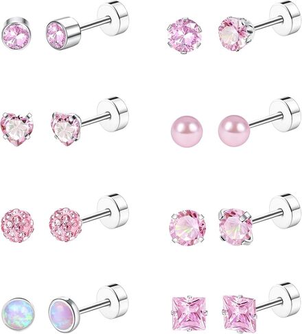 Staligue 8 Pairs Titanium Surgical Steel Earrings for Women Men Hypoallergenic Flat Back Stud Earrings for Sensitive Ears 20 Gauge Surgical Steel Cartilage Earring Opal CZ Pearl Small Nap Sleeper Earrings in Kuwait