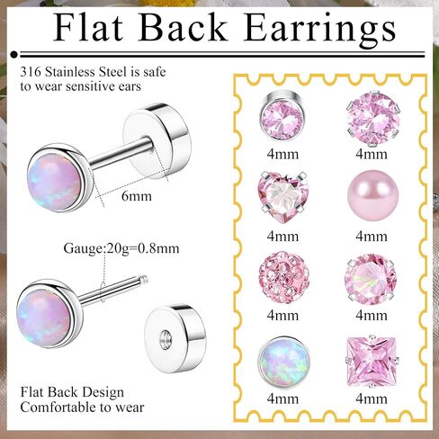 Staligue 8 Pairs Titanium Surgical Steel Earrings for Women Men Hypoallergenic Flat Back Stud Earrings for Sensitive Ears 20 Gauge Surgical Steel Cartilage Earring Opal CZ Pearl Small Nap Sleeper Earrings in Kuwait