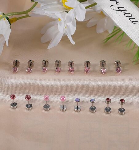 Staligue 8 Pairs Titanium Surgical Steel Earrings for Women Men Hypoallergenic Flat Back Stud Earrings for Sensitive Ears 20 Gauge Surgical Steel Cartilage Earring Opal CZ Pearl Small Nap Sleeper Earrings in Kuwait