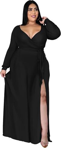 فستان FANDEE نسائي كاجوال مقاس كبير مزين بالزهور وأكمام طويلة ورقبة على شكل V مع جيوب 2023 فساتين حفلات الزفاف ومهرجانات يومية أسود 4XL in Kuwait