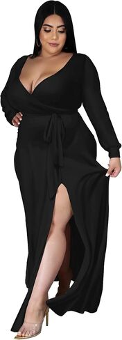 فستان FANDEE نسائي كاجوال مقاس كبير مزين بالزهور وأكمام طويلة ورقبة على شكل V مع جيوب 2023 فساتين حفلات الزفاف ومهرجانات يومية أسود 4XL in Kuwait