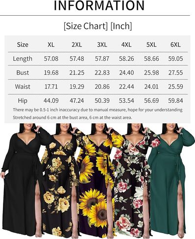 فستان FANDEE نسائي كاجوال مقاس كبير مزين بالزهور وأكمام طويلة ورقبة على شكل V مع جيوب 2023 فساتين حفلات الزفاف ومهرجانات يومية أسود 4XL in Kuwait