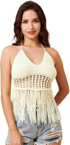 ملابس سباحة نسائية من OYOANGLE مفرغة من الكروشيه بأهداب مكشوفة الظهر وحمالات ملابس سباحة لتغطية الجزء العلوي من ملابس الشاطئ in Kuwait