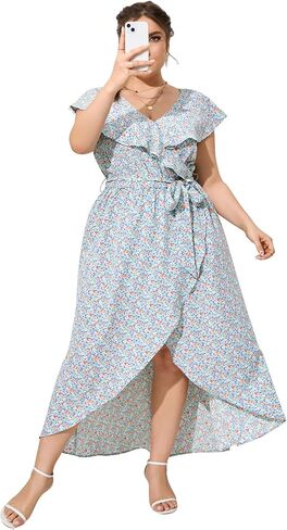 KOJOOIN Womens Plus Size Summer Dresses Casual Wrap V Neck Ruffle Cap Sleeveless Belt A-Line Swing Maxi Sun Dress in Saudi Arabia