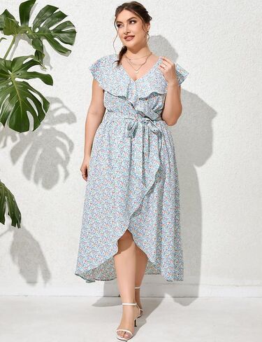 KOJOOIN Womens Plus Size Summer Dresses Casual Wrap V Neck Ruffle Cap Sleeveless Belt A-Line Swing Maxi Sun Dress in Saudi Arabia