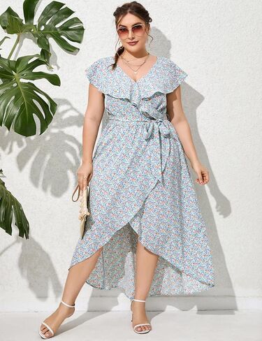 KOJOOIN Womens Plus Size Summer Dresses Casual Wrap V Neck Ruffle Cap Sleeveless Belt A-Line Swing Maxi Sun Dress in Saudi Arabia