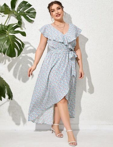 KOJOOIN Womens Plus Size Summer Dresses Casual Wrap V Neck Ruffle Cap Sleeveless Belt A-Line Swing Maxi Sun Dress in Saudi Arabia