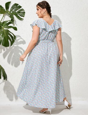 KOJOOIN Womens Plus Size Summer Dresses Casual Wrap V Neck Ruffle Cap Sleeveless Belt A-Line Swing Maxi Sun Dress in Saudi Arabia