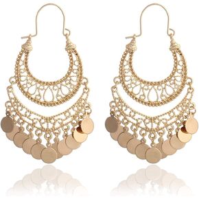 RIAH FASHION Bohemian Chandelier Coin Dangle Earrings - Gypsy Lightweight Filigree Disc Charm Tassel Ethnic Hoops