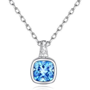 SILVERCUTE Birthstone Necklace, Sterling Silver Cushion Diamond Necklaces Square Cubic Zirconia Pendant Necklace for Women, Perfect Birthday/Anniversary/Wedding Gifts,18 Inch Chain