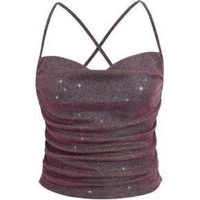 LOFAAC Women Sexy Glitter Backless Sleeveless Crop Tank Spaghetti Strap Draped Club Party Crop Cami Vest Shiny Shirts