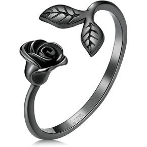 Black Rose Open Rings Aesthetic Heart Plane 925 Sterling Silver Adjustable Finger Ring Feaf Moon Star Black Dainty Band Rings Jewelry for Women Girls Couple Gift