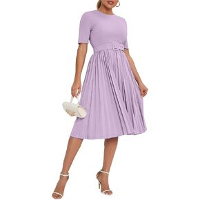 IWFEV Women's Pleated Dress Short Sleeve Maxi Dress Plain Dress with Belt