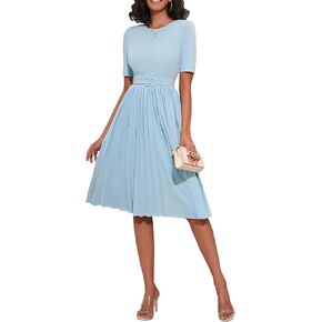 IWFEV Women's Pleated Dress Short Sleeve Maxi Dress Plain Dress with Belt in Saudi Arabia