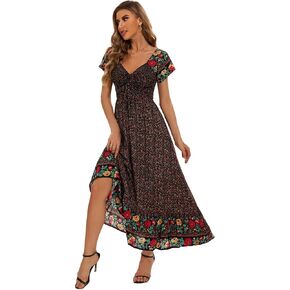Summer Floral Smocked Maxi Dress for Women 2026 Casual Flowy Tiered A Line Boho Beach Party Long Dresses with Short Sleeve in Kuwait