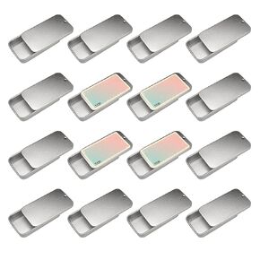 Cubic Ape Slide Top Tin Containers for Lip Balm, Solid Perfume (0.5 oz, 16-Pack, w/Labels) - (Small) Empty Cosmetics Metal Boxes with Sliding Lids (Frosted Silver)