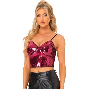 Allegra K Sequin Cami Top for Women's Halloween Spaghetti Strap Club Party Crop Tank Tops