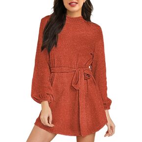 HUUSA Women's Mock Neck Chenille Sweater Dress Casual Loose Lantern Long Sleeve A Line Flowy Swing Mini Dresses with Belt