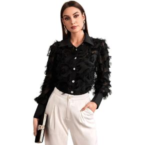 Verdusa Women's Fuzzy Rhinestone Long Sleeve Button Up Shirt Blouse Top in Saudi Arabia