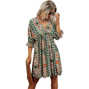فستان Romwe النسائي بطباعة قبلية بوهو بأكمام قصيرة ورقبة على شكل حرف V وربطة خلفية للصيف in Kuwait