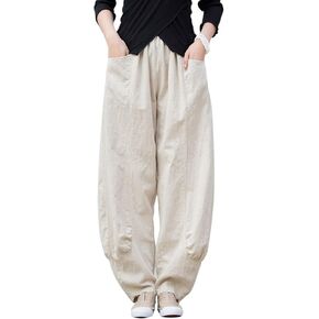 IXIMO Women's Linen Pants Elastic Waist Patchwork Relax Ankle Trousers Front Pockets Army Green S