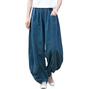 بنطلون نسائي من IXIMO من الكتان بخصر مطاطي مرقع للاسترخاء عند الكاحل وجيوب أمامية باللون الأخضر العسكري S in Kuwait