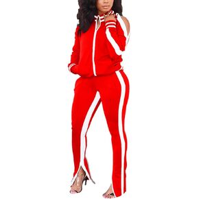 Bornpom Women 2 Piece Outfits Striped Patchwork Color Block Jackets Bodycon Side Slit Long Pants Tracksuit Sets in Kuwait