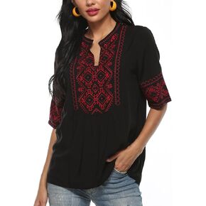 Mexican Embroidered Tops for Women Summer Short Sleeve Boho Shirts Peasant Blouses, Loose Fitting Bohemian Top Hippie Clothes in Kuwait
