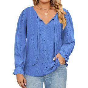 DOLNINE Plus Size Tops for Women V-Neck Puff Long Sleeve Eyelet Drawstring Shirts in Saudi Arabia