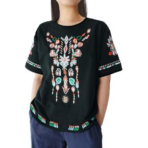 SeekMe Women's Embroidered Blouse Cotton Linen Short Sleeve Peasant Boho Mexican Tunic Top Casual T Shirt in Kuwait