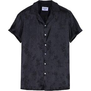 TUNEVUSE Men Satin Shirt Shiny Short Sleeve Floral Button Down Jacquard Dress Summer Solid Shirt Tops S-5XL