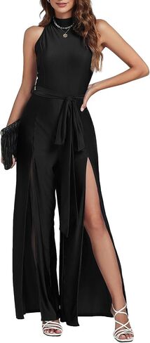 Vrtige Women's Halter Neck Sleeveless Belted High Waist Split Wide Leg Long Pants Jumpsuits Romper in Saudi Arabia