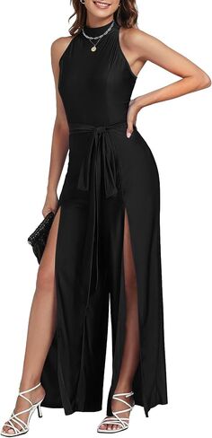 Vrtige Women's Halter Neck Sleeveless Belted High Waist Split Wide Leg Long Pants Jumpsuits Romper in Saudi Arabia