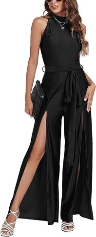 Vrtige Women's Halter Neck Sleeveless Belted High Waist Split Wide Leg Long Pants Jumpsuits Romper in Saudi Arabia