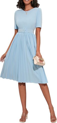 IWFEV Women's Pleated Dress Short Sleeve Maxi Dress Plain Dress with Belt in Kuwait