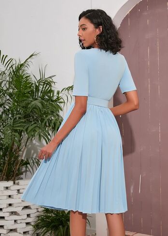 IWFEV Women's Pleated Dress Short Sleeve Maxi Dress Plain Dress with Belt in Kuwait