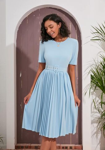 IWFEV Women's Pleated Dress Short Sleeve Maxi Dress Plain Dress with Belt in Kuwait