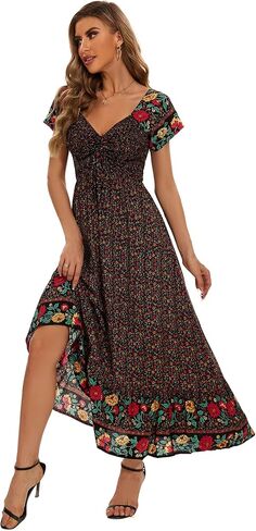 Summer Floral Smocked Maxi Dress for Women 2026 Casual Flowy Tiered A Line Boho Beach Party Long Dresses with Short Sleeve in Kuwait