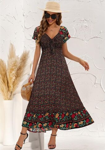 Summer Floral Smocked Maxi Dress for Women 2026 Casual Flowy Tiered A Line Boho Beach Party Long Dresses with Short Sleeve in Kuwait