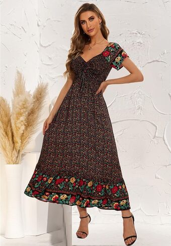 Summer Floral Smocked Maxi Dress for Women 2026 Casual Flowy Tiered A Line Boho Beach Party Long Dresses with Short Sleeve in Kuwait