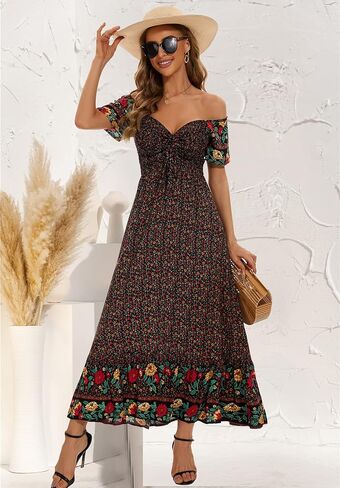 Summer Floral Smocked Maxi Dress for Women 2026 Casual Flowy Tiered A Line Boho Beach Party Long Dresses with Short Sleeve in Kuwait
