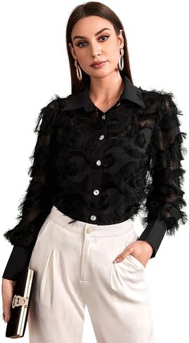Verdusa Women's Fuzzy Rhinestone Long Sleeve Button Up Shirt Blouse Top in Saudi Arabia