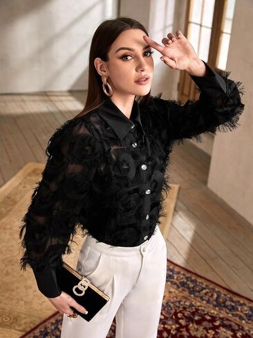 Verdusa Women's Fuzzy Rhinestone Long Sleeve Button Up Shirt Blouse Top in Saudi Arabia