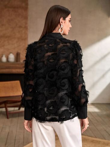 Verdusa Women's Fuzzy Rhinestone Long Sleeve Button Up Shirt Blouse Top in Saudi Arabia