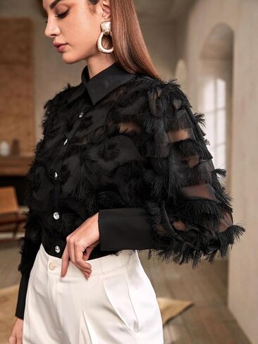 Verdusa Women's Fuzzy Rhinestone Long Sleeve Button Up Shirt Blouse Top in Saudi Arabia