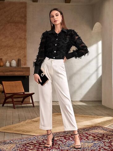 Verdusa Women's Fuzzy Rhinestone Long Sleeve Button Up Shirt Blouse Top in Saudi Arabia