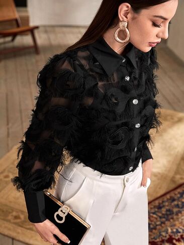 Verdusa Women's Fuzzy Rhinestone Long Sleeve Button Up Shirt Blouse Top in Saudi Arabia