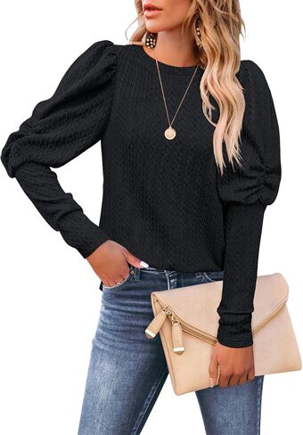 DOROSE Womens Puff Long Sleeve Crewneck Cable Knit Casual Loose Pullover Sweater Tops in Kuwait