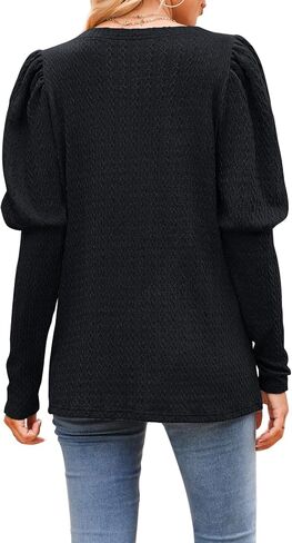 DOROSE Womens Puff Long Sleeve Crewneck Cable Knit Casual Loose Pullover Sweater Tops in Kuwait